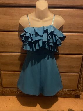 Blue Ruffle Strap Romper